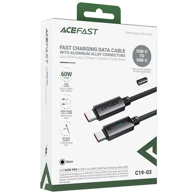 Кабель ACEFAST ACEWIRE PRO USB-C to USB-C 60W 1.2m Black (C19-03)