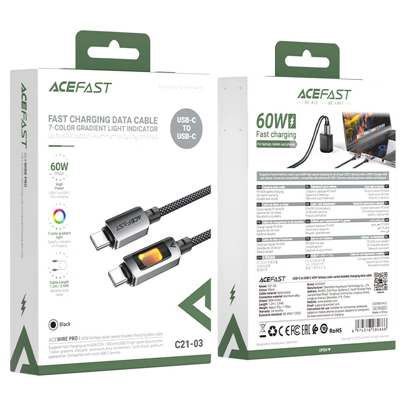 Кабель ACEFAST ACEWIRE PRO USB-C to USB-C 60W Gradient Light 1.2m Black (C21-03)