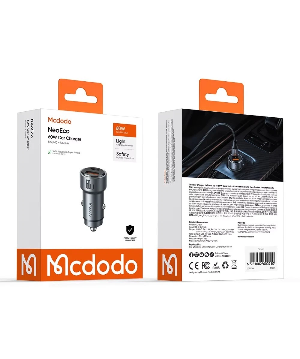 Автомобильное зарядное устройство для Mcdodo Neo ECO Fast Car Charger USB-C+USB 60W CC-8210 (Black)