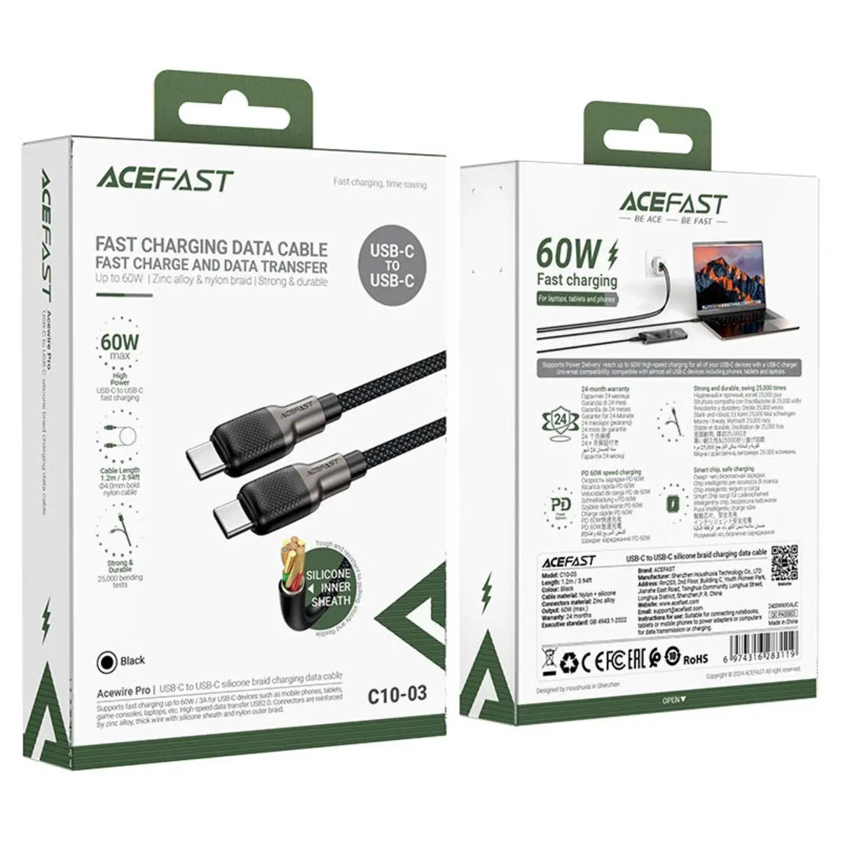 Кабель ACEFAST Data Cable USB-C to USB-C 60W 1.2m (C10-03) Black