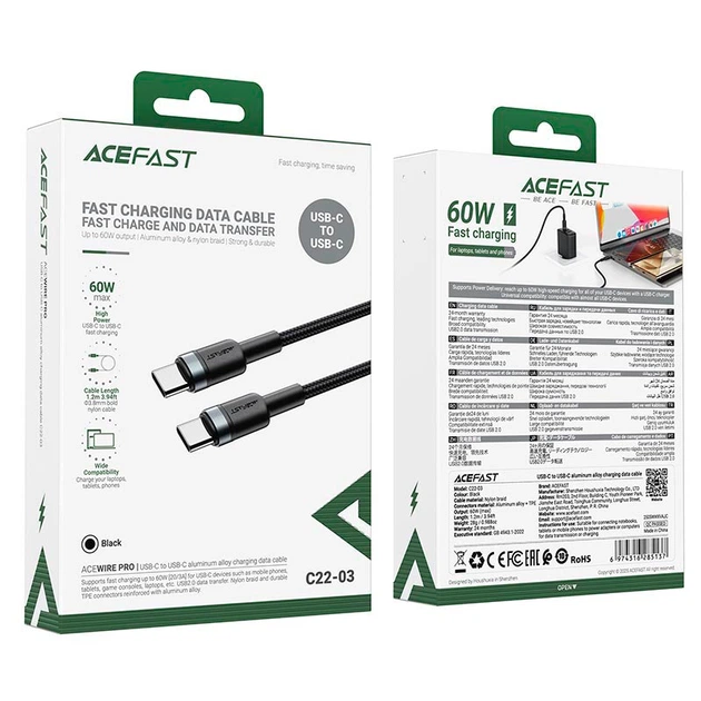 Кабель ACEFAST Charging Data Cable USB-C to USB-C 60W 1.2m (C22-03) Black