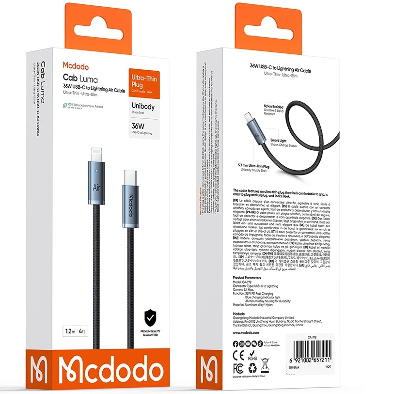 Кабель Mcdodo Data Fast Charging Air USB-C to Lightning 36W 1.8m (CA-7781) Black