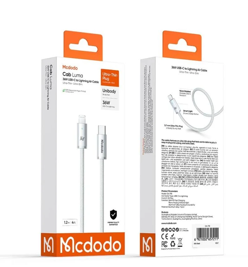 Кабель Mcdodo Cab Luma USB-C to Lightning Air Cable 36W 1.2m White (CA-778)