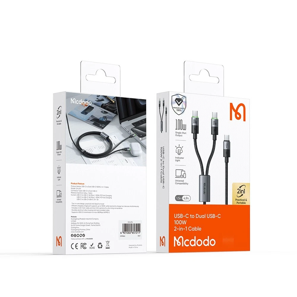 Кабель Mcdodo USB-C to Dual USB-C 100W 2-in-1 1.5m Black (CA-674)