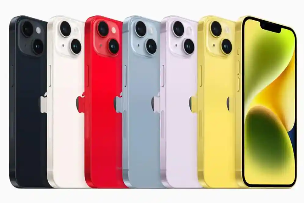 Цвета iPhone 14: фиолетовый, черный, белый, желтый, синий и красный.