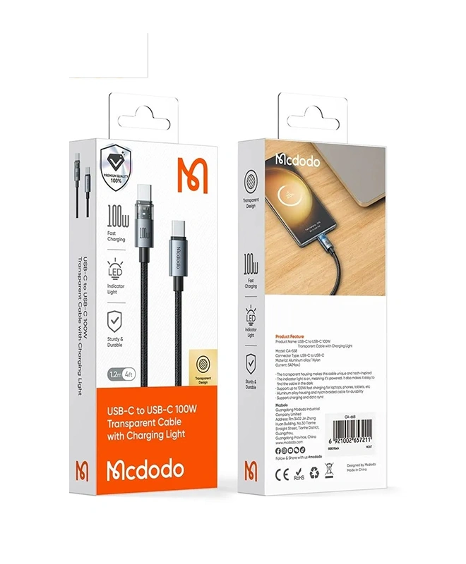 Кабель Mcdodo Cab Luma 100W USB-C to USB-C (1.2m) Black з підсвіткою (CA-558)