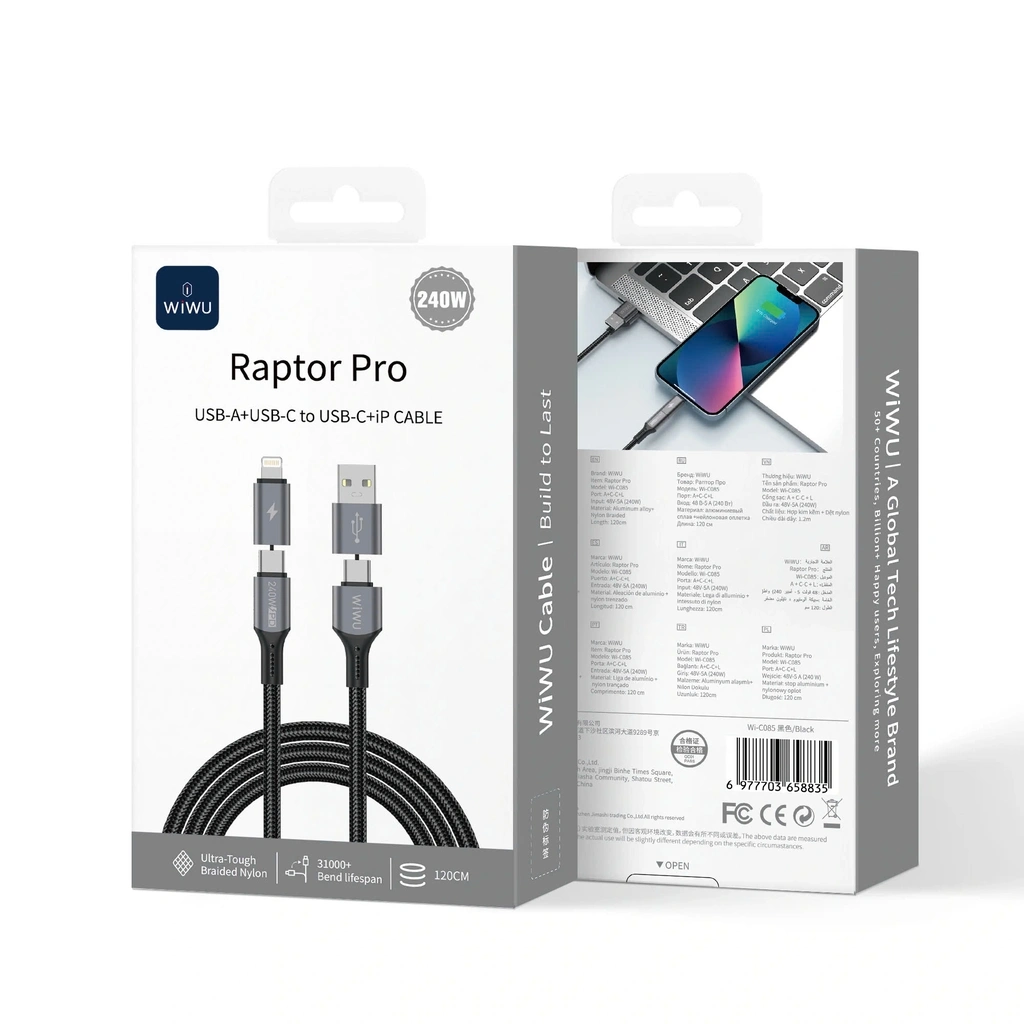 Кабель WiWU Raptor Pro USB-A+USB-C to USB-C+Lightning 240W 1.2m (Wi-C085)