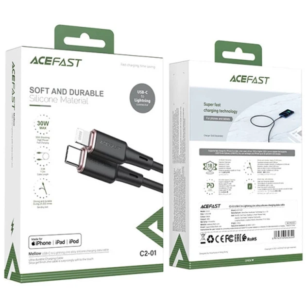 Кабель ACEFAST Data Cable USB-C to Lightning 30W 1.2m (Black) [C2-01]