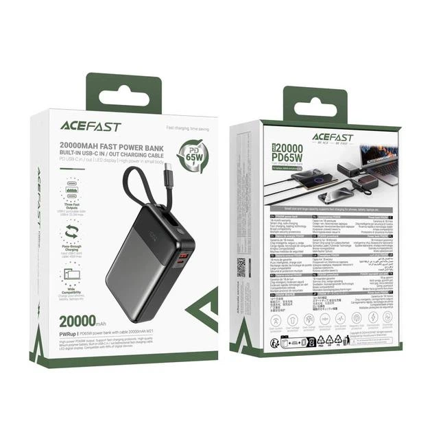 Повербанк ACEFAST 20000mAh PD 65W Built-in Cable (M21) Black