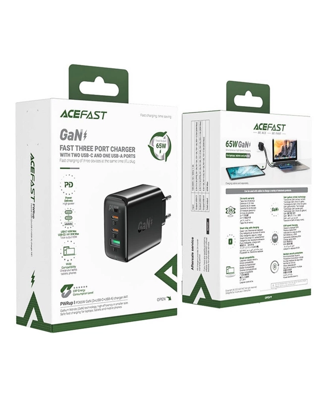 Зарядное устройство ACEFAST GaN Fast Three Port Charger 65W (A41) Black