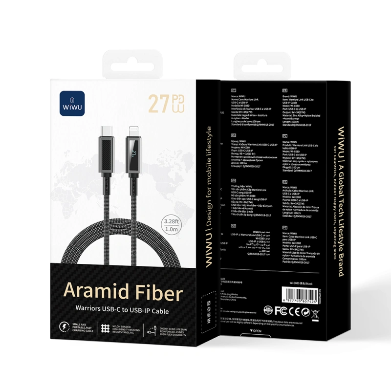 Кабель WIWU Warriors Aramid Fiber USB-C to Lightning з LED-дисплеєм 27W 1m Black (Wi-C080)