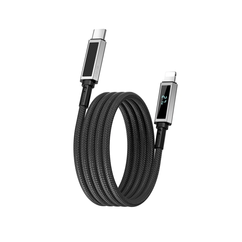 Кабель WIWU Warriors Aramid Fiber USB-C to Lightning з LED-дисплеєм 27W 1m Black (Wi-C080)