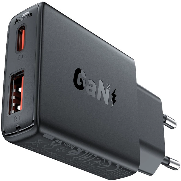 Зарядное устройство для ACEFAST 30W GaN Fast Dual Port Charger (A69) Black
