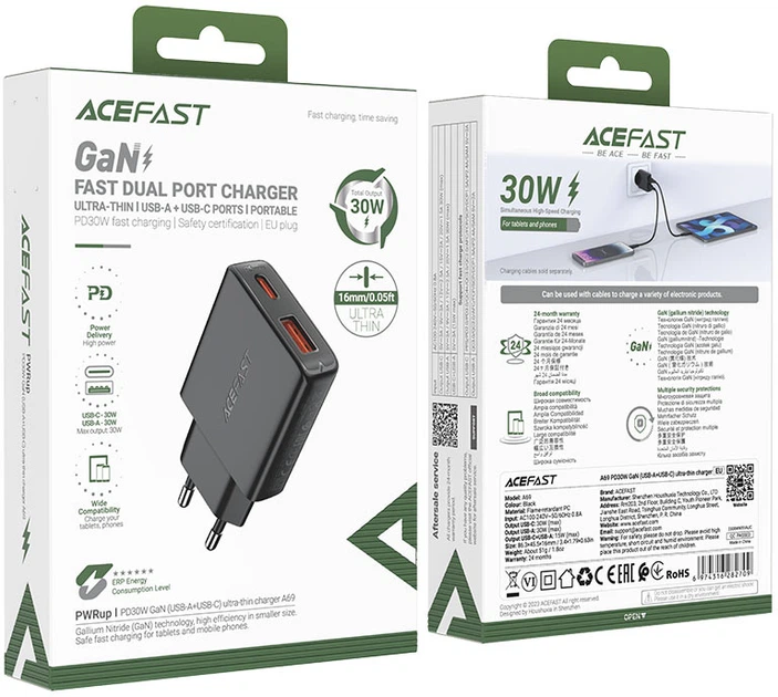 Зарядное устройство для ACEFAST 30W GaN Fast Dual Port Charger (A69) Black