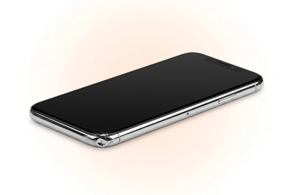 Вм'ятина і потертості на куті полірованої сталевої рами срібного iPhone X після падіння