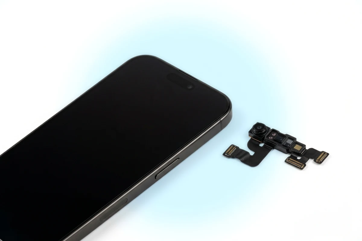 Восстановление работы фронтальной камеры iPhone 16 Pro Max: узел селфи-камеры с датчиками Face ID рядом с телефоном