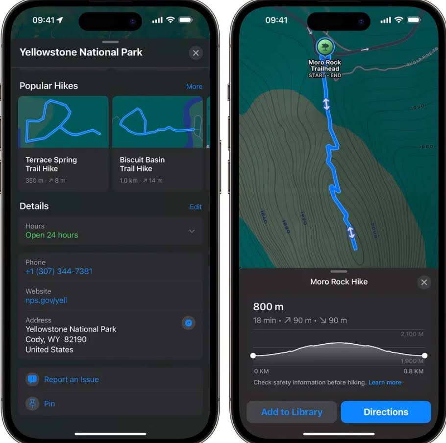 iOS 18 Apple Maps показує популярні походи Єллоустонським національним парком