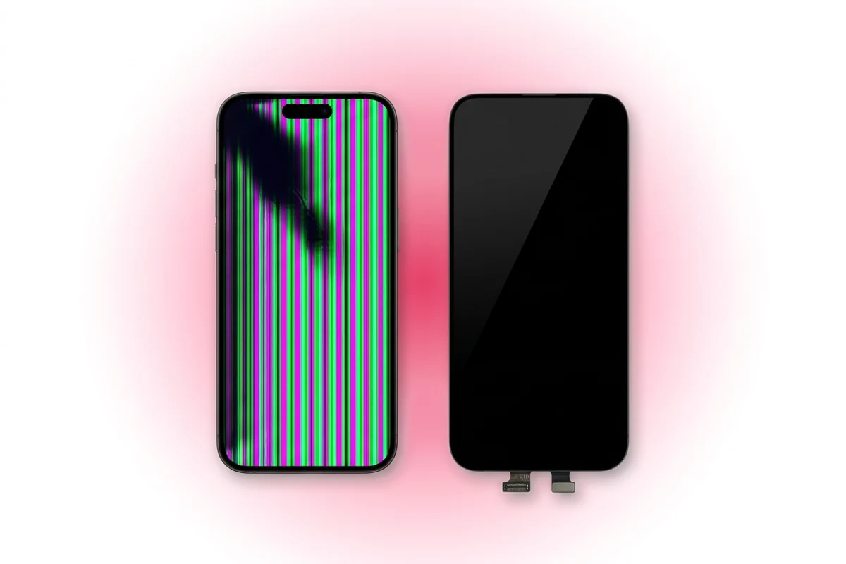 Быстрый ремонт экрана iPhone 16 Pro Max: дисплей с неоновыми полосами рядом с новым OLED-модулем