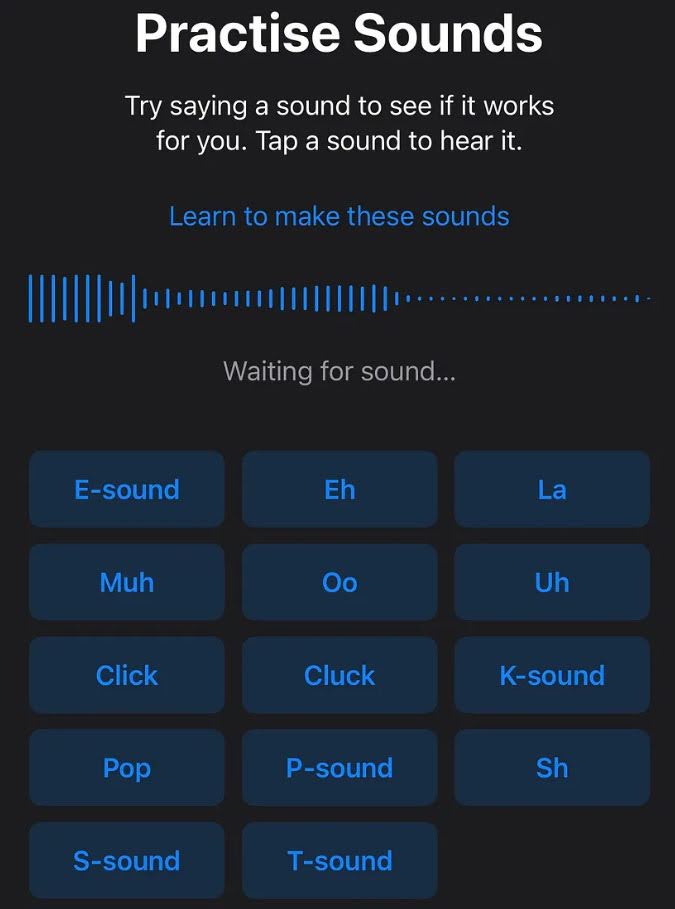 Звуки для iOS 18 "Звукові дії" - E-звук, Eh, La, Huh, Oo, Uh, Click, Cluck, K-sound, Pop, P-sound, Sh, S-sound, T-sound.