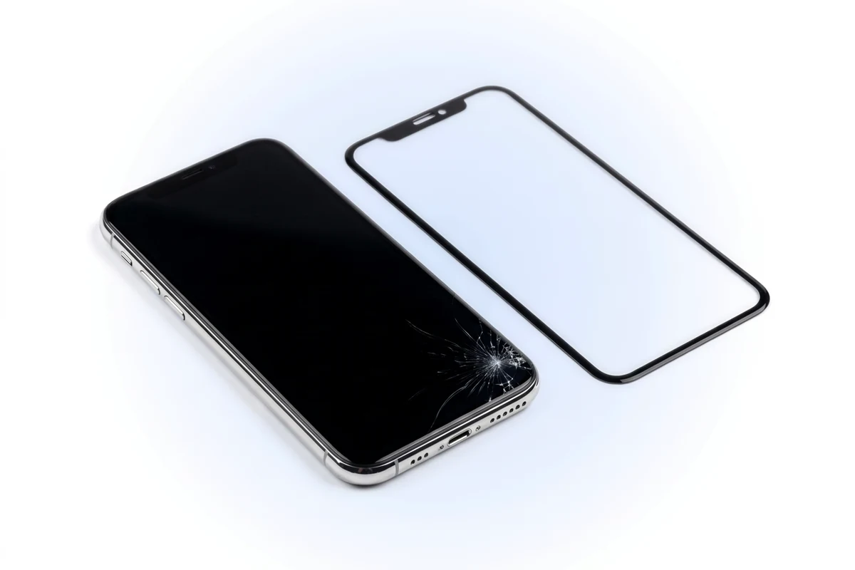 Замена стекла экрана iPhone X: телефон с треснувшим углом стекла и новое переднее стекло рядом