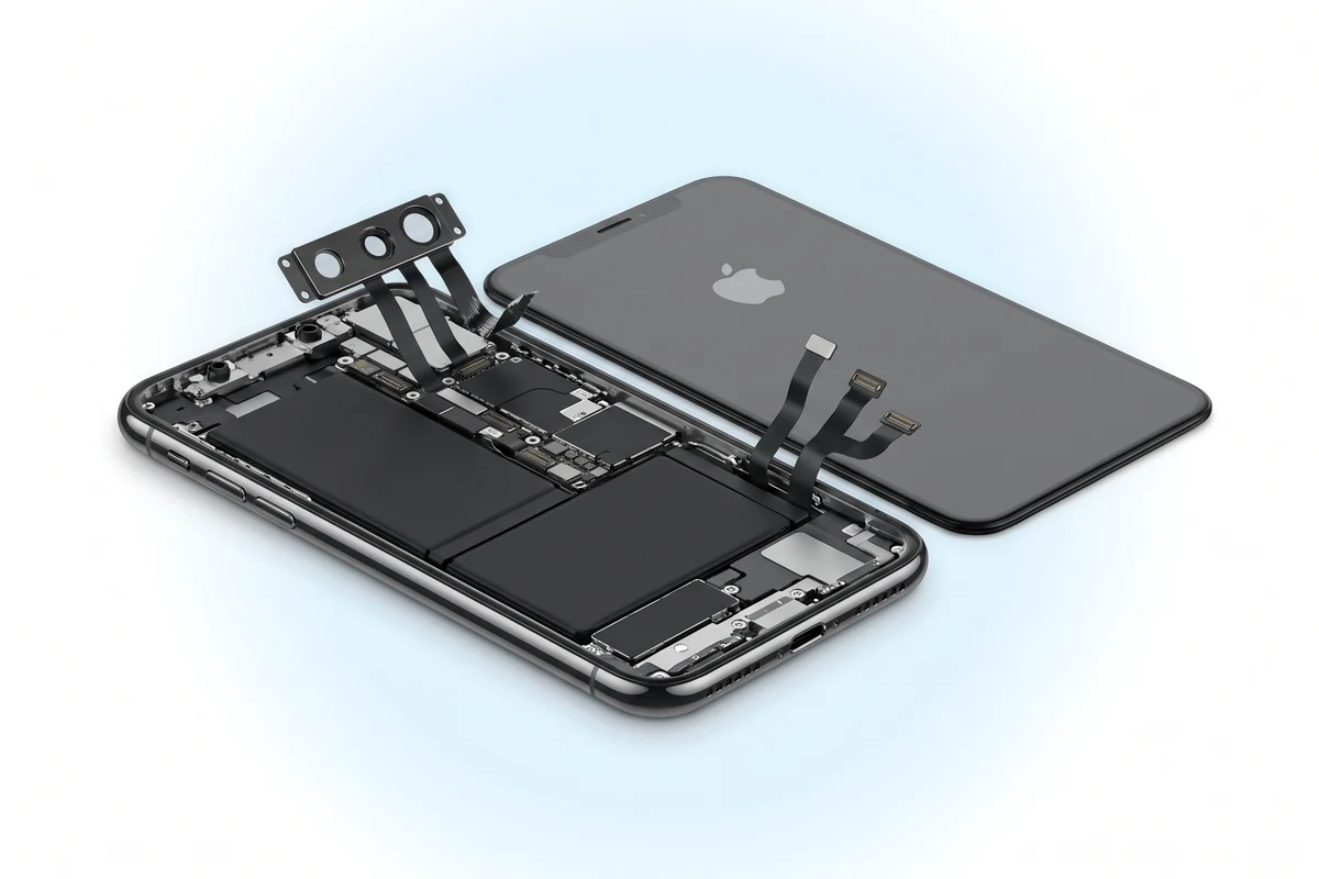 Вскрытый iPhone X с блоком камер вверху рамы и надорванным шлейфом возле разъема