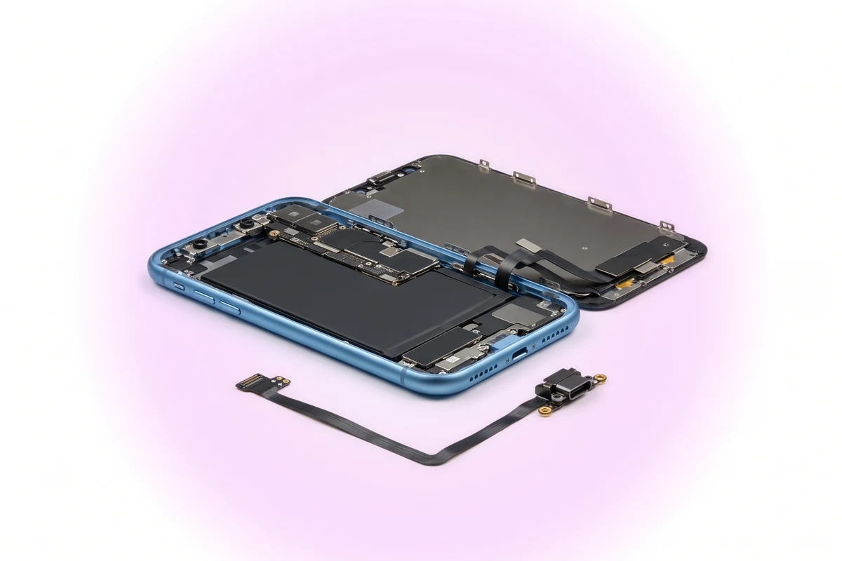 Вскрытый iPhone XR и снятый нижний шлейф с двумя микрофонами и гнездом Lightning