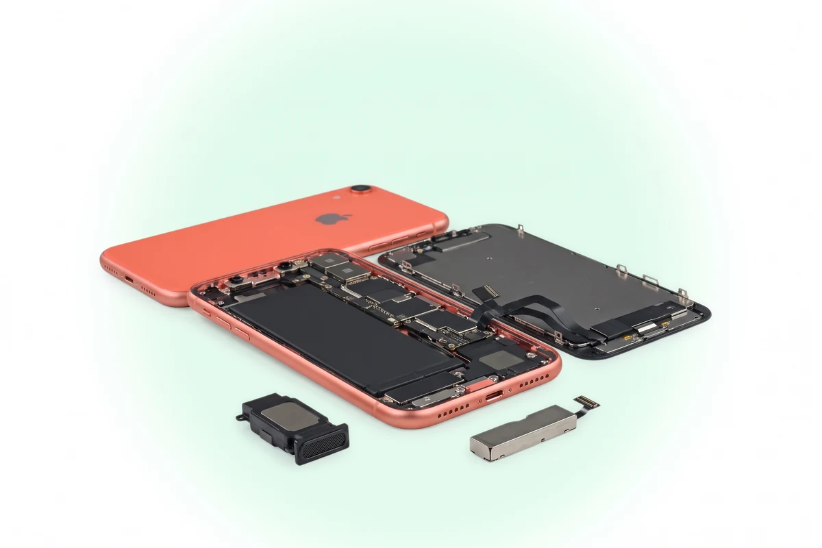 Вскрытый iPhone XR и снятые нижний динамик и Taptic Engine рядом