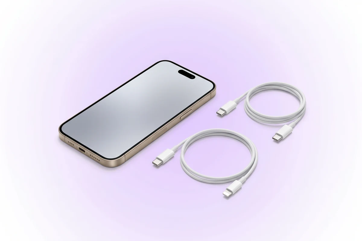 iPhone 16 Pro Max і два кабелі для перенесення: USB-C на USB-C і USB-C на Lightning