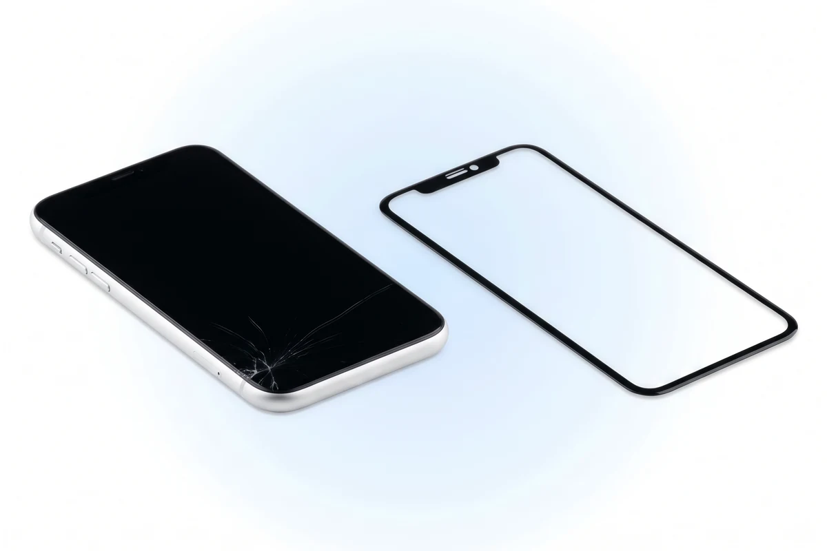 Заміна скла екрана iPhone XR: білий телефон із тріщинами в куті та нове переднє скло поруч