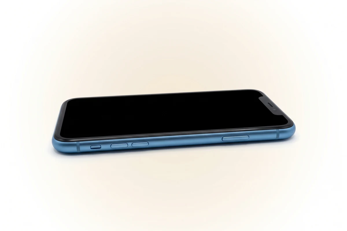Восстановление кнопки включения iPhone XR: синий телефон правым ребром с боковой кнопкой к зрителю