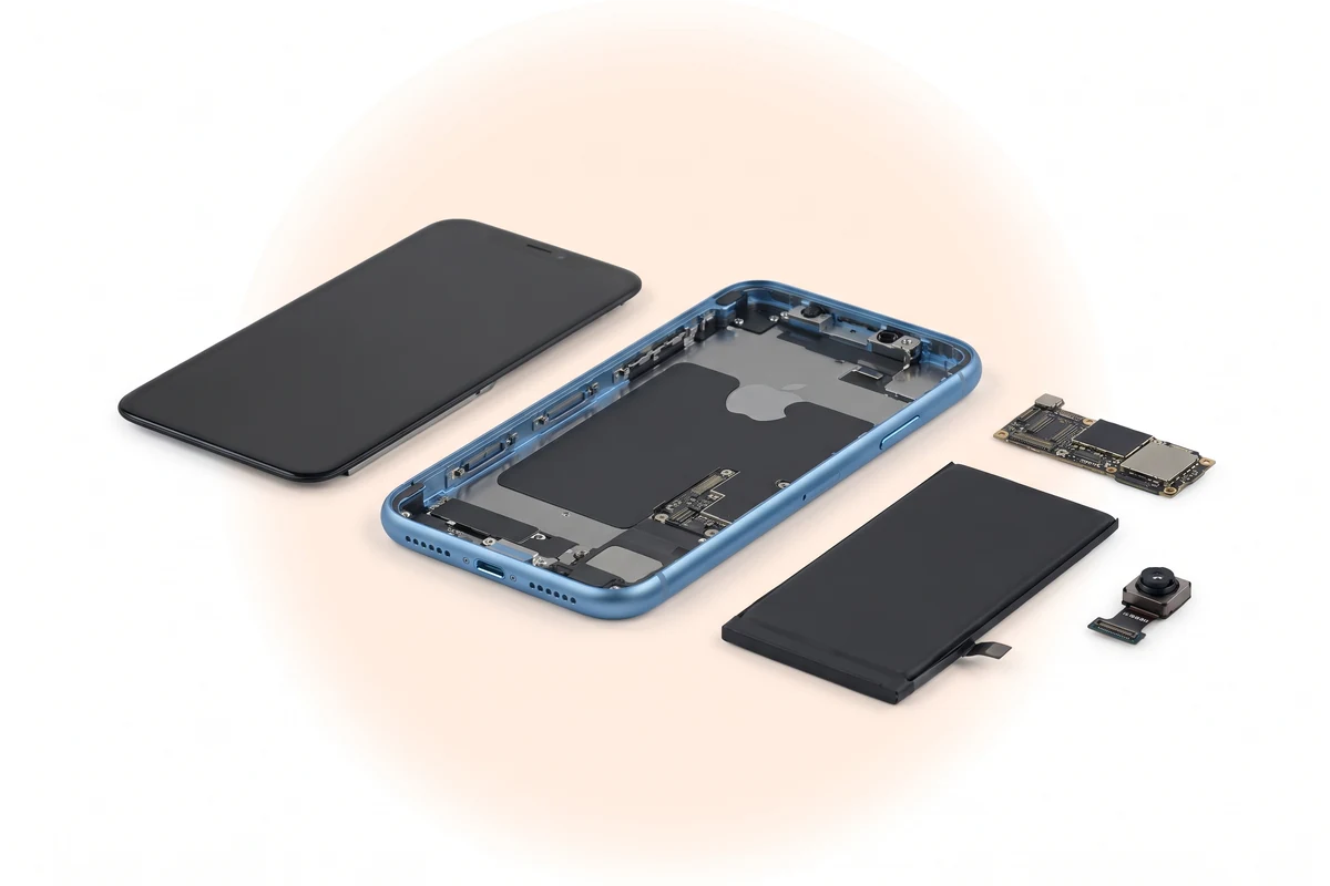 Пустой синий корпус iPhone XR и снятые дисплей, аккумулятор, плата и камера рядом