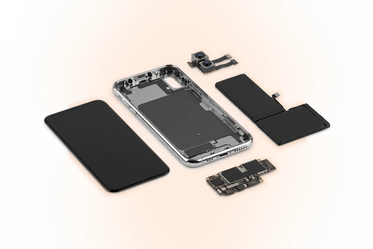 Новий порожній корпус iPhone X і зняті дисплей, акумулятор, плата та камера поруч