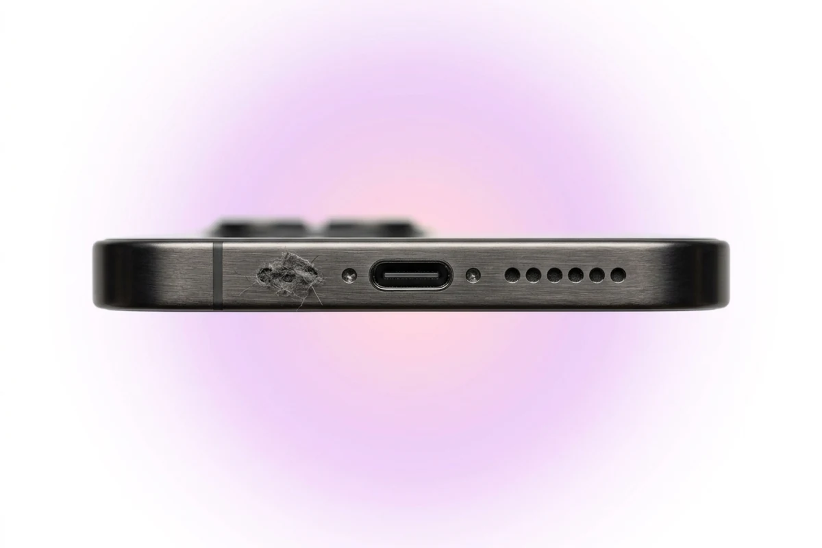 Отверстие микрофона на нижнем торце iPhone 16 Pro Max, забитое пылью и ворсом
