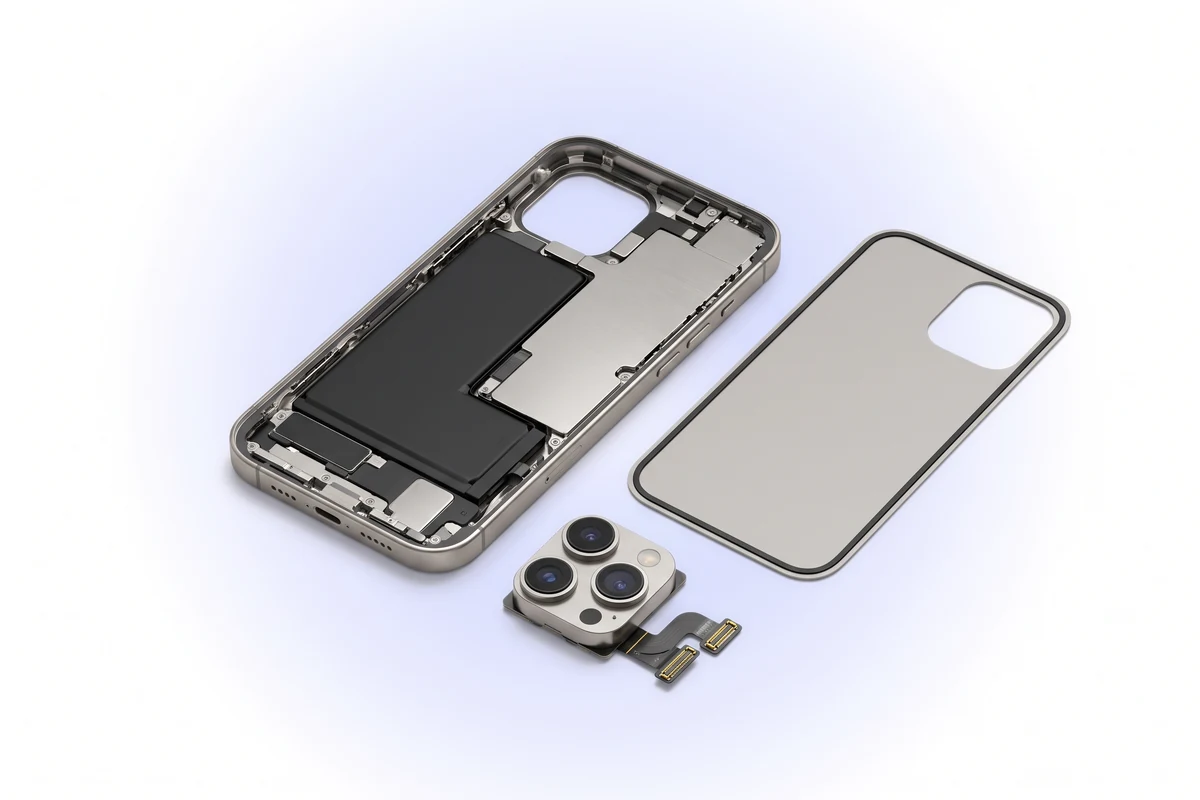 Отремонтированный блок камер iPhone 16 Pro Max с ровным подвесом и чистым шлейфом перед установкой обратно