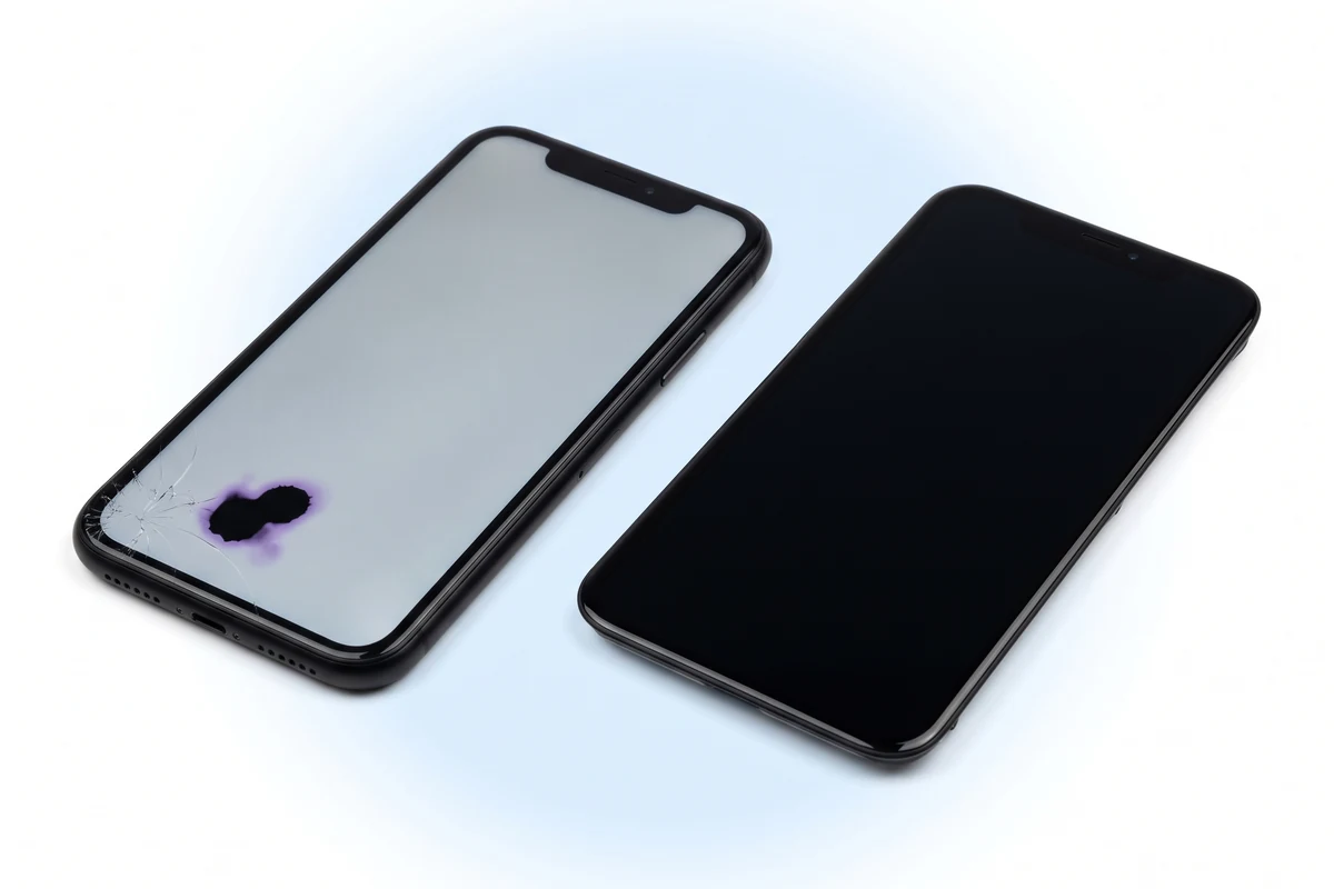 Замена экрана iPhone XR: черный телефон с фиолетово-черным пятном на матрице и новый дисплейный модуль рядом