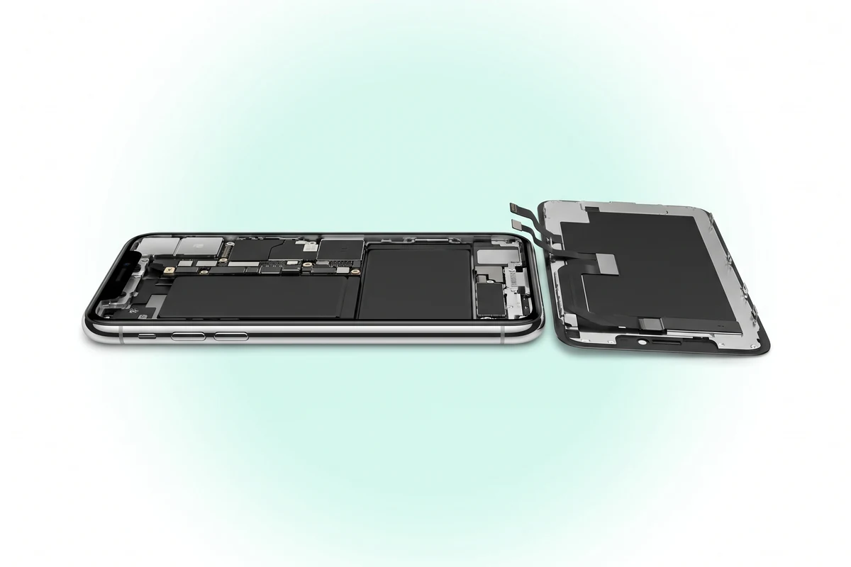 Розкритий iPhone X у кольорі Silver із двошаровою платою і L-подібним акумулятором