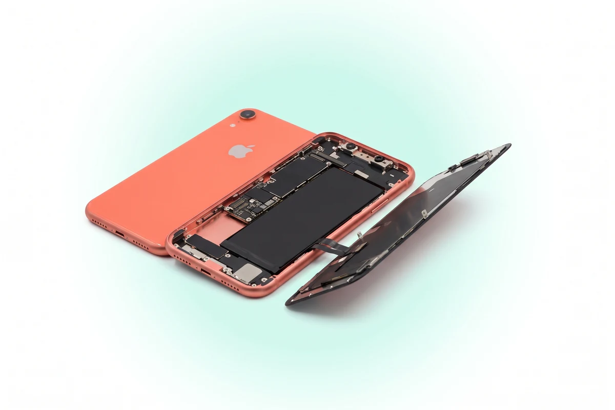 Вскрытый коралловый iPhone XR с однослойной платой и прямоугольным аккумулятором