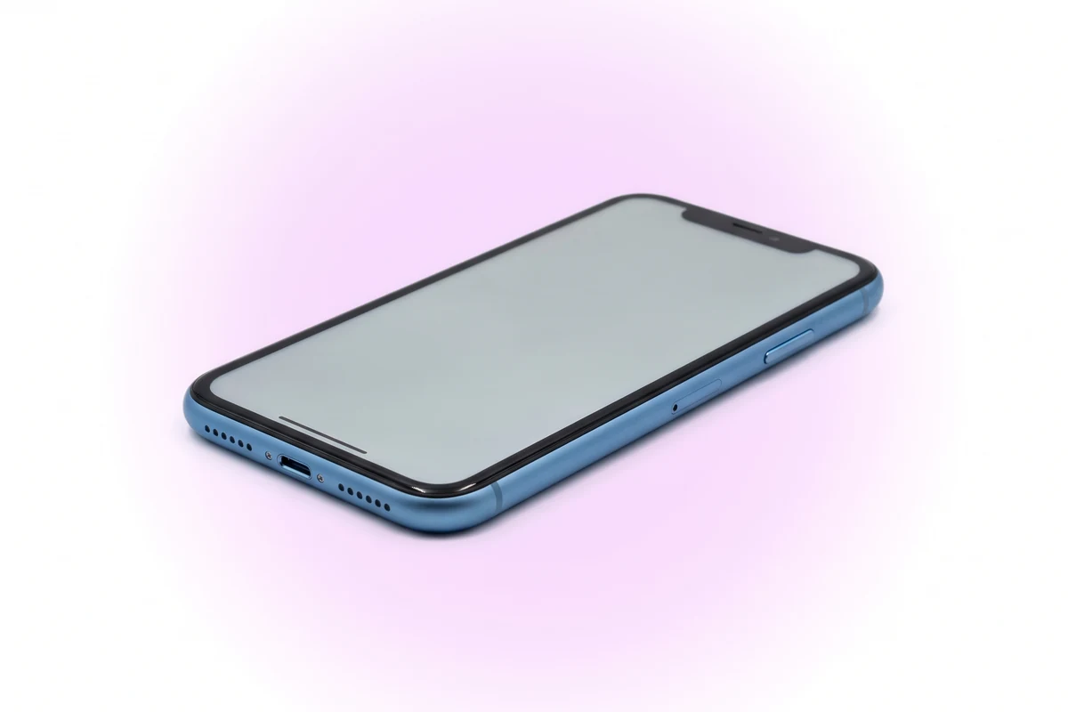 Замена микрофона iPhone XR: нижний торец синего телефона с сетками и гнездом Lightning