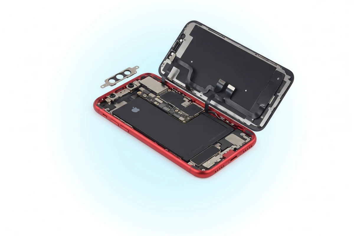 Вскрытый iPhone XR с блоком TrueDepth вверху корпуса, где стоит фронтальная камера