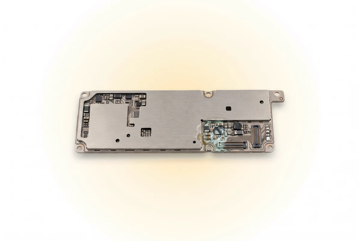 Фрагмент платы iPhone 16 Pro Max под микроскопом с окисленными элементами цепи NFC