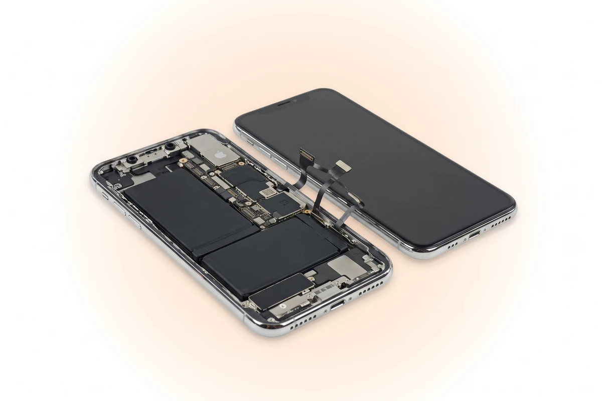 iPhone X у новому корпусі з відкинутим убік дисплеєм перед закриттям на нову проклейку