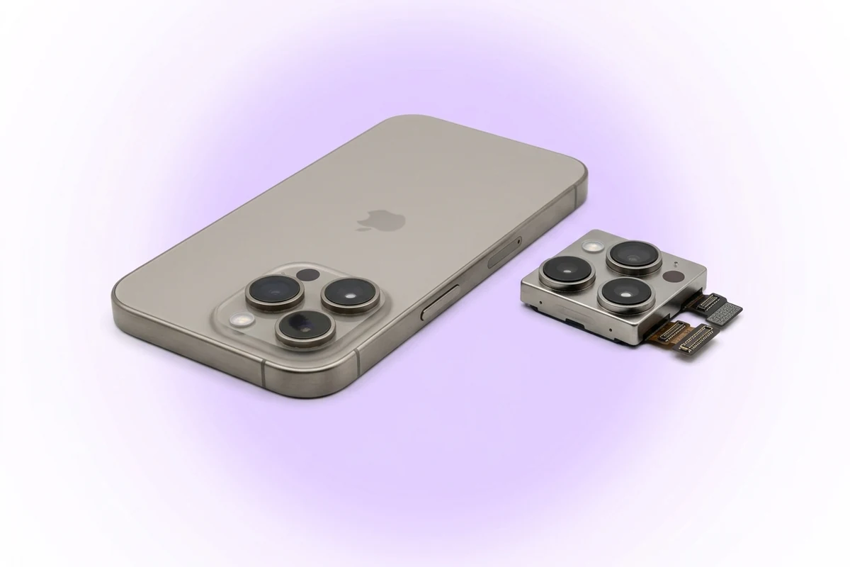 Замена основной камеры iPhone 16 Pro Max: телефон задней панелью вверх и новый блок трех камер рядом