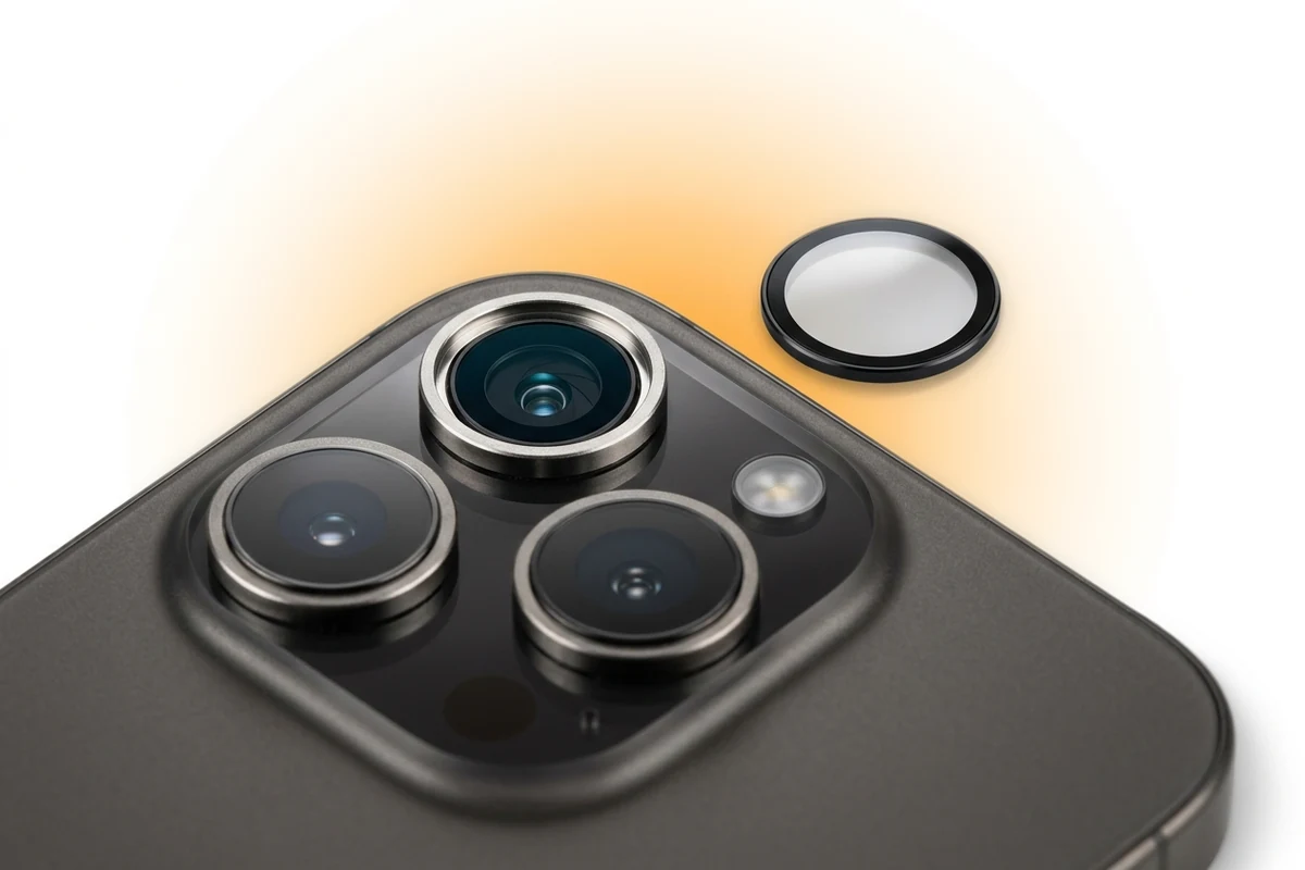Блок камер iPhone 16 Pro Max крупным планом: одно кольцо без стекла, линза чистая перед установкой нового
