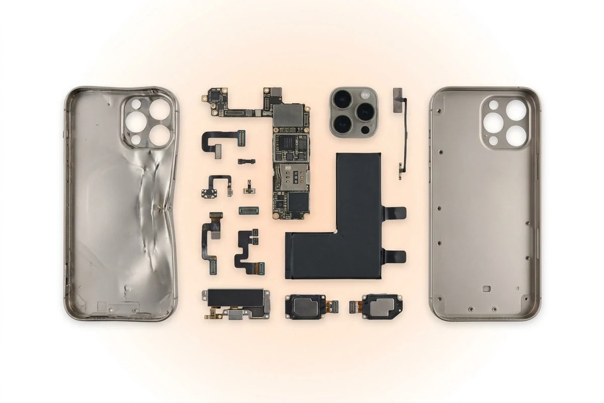 Разобранный iPhone 16 Pro Max: плата, аккумулятор и камеры разложены перед переносом в новый корпус