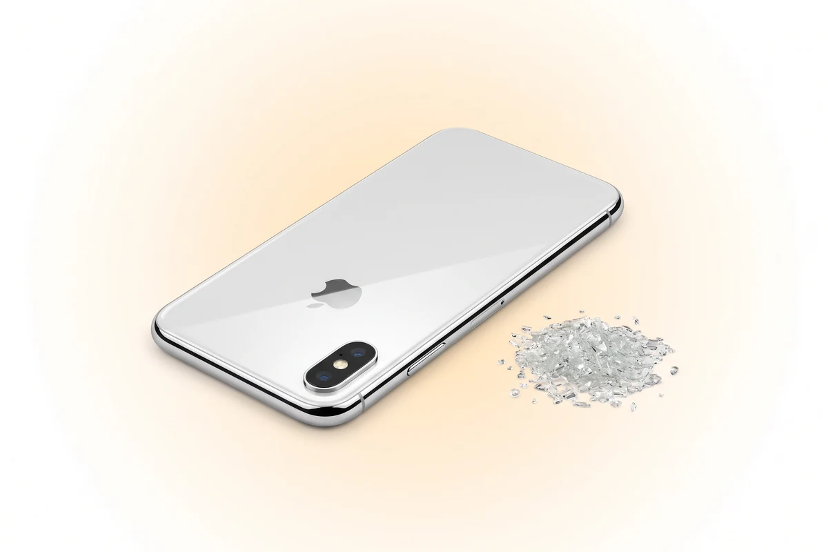 Срібний iPhone X із новим склом на виступі подвійної камери і дрібними уламками старого скла поруч