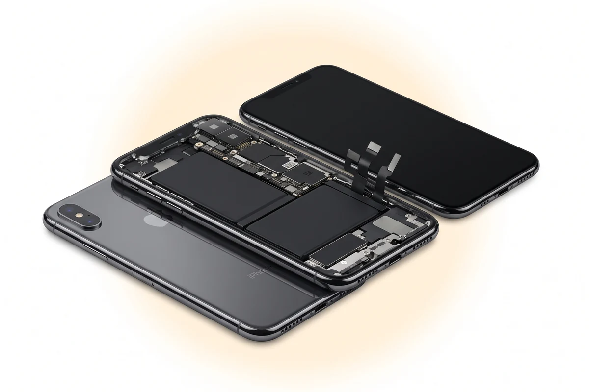 Розкритий iPhone X у Space Gray із двошаровою платою, на якій стоїть контролер NFC