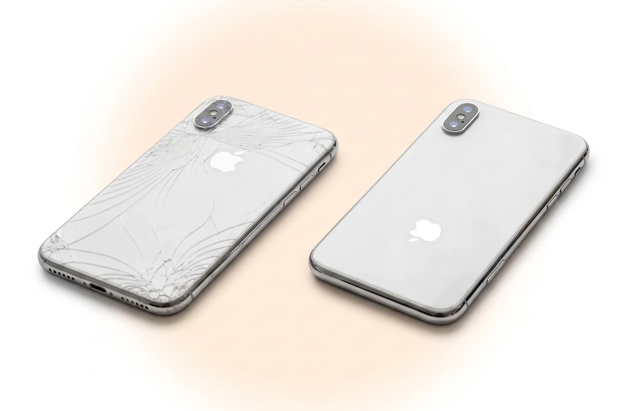 Швидкий ремонт корпуса iPhone X: срібний телефон із розбитим тильним склом і той самий телефон після ремонту