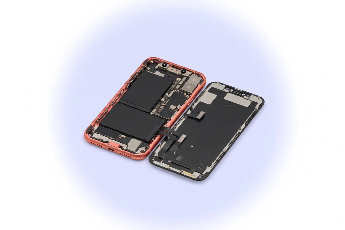 Вскрытый коралловый iPhone XR со свежей полоской проклейки по периметру рамы перед закрытием