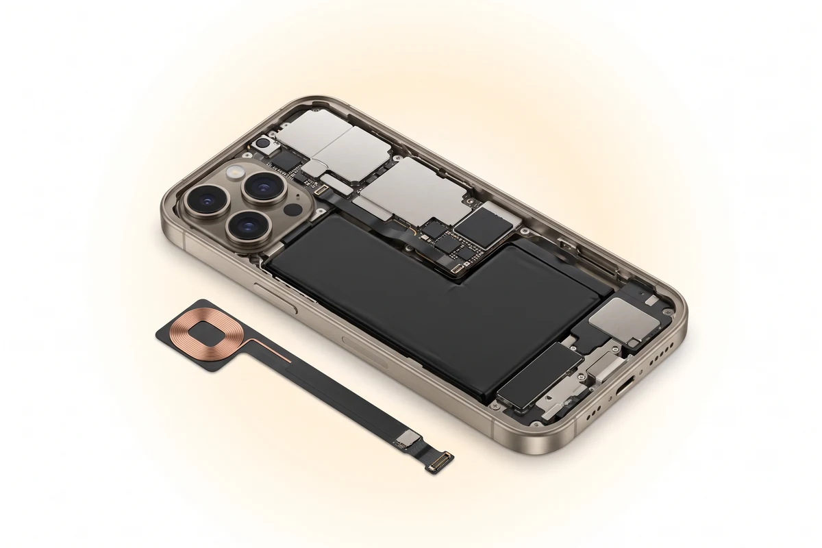 Восстановление работы Apple Pay iPhone 16 Pro Max: вскрытый телефон и новая антенна NFC рядом