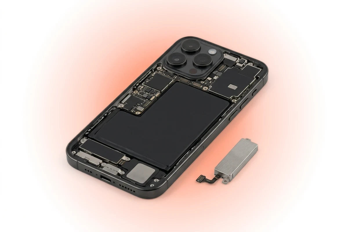 Ремонт вібромотора iPhone 16 Pro Max: відкритий телефон зі знятим заднім склом і новий Taptic Engine поруч